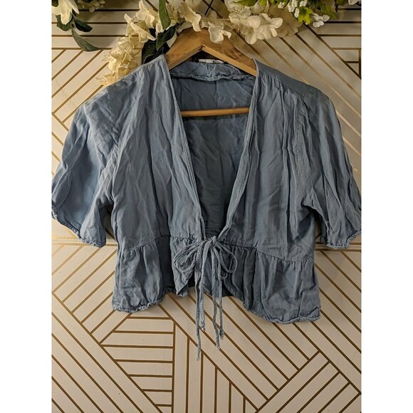 BRANDY MELVILLE Women's Blue Tie Front Short Sleeve Ruffle Top Size XS/S - Picture 2 of 5